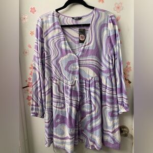 Purple and White Long Sleeve Dress